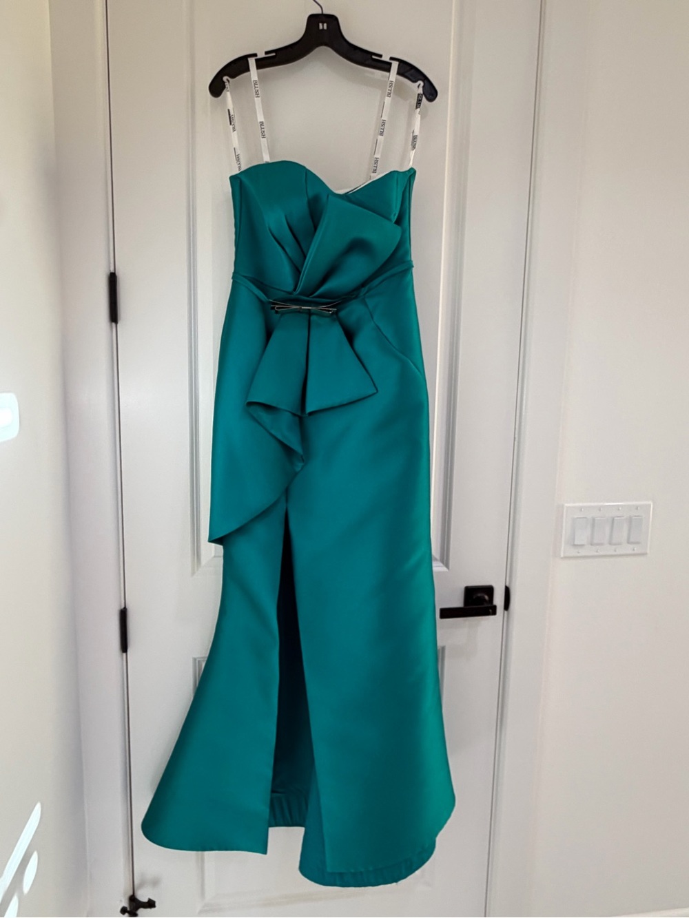 Blush Teal Strapless Evening Gown with Draped Bow Waist